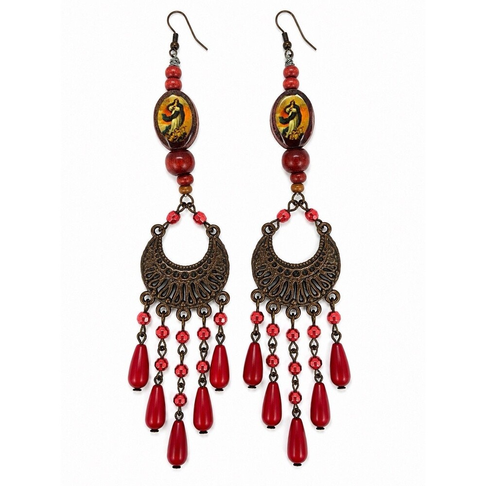 Vintage Boho Statement Chandelier Earrings Red Wood Fringe Bronze Filigree Long